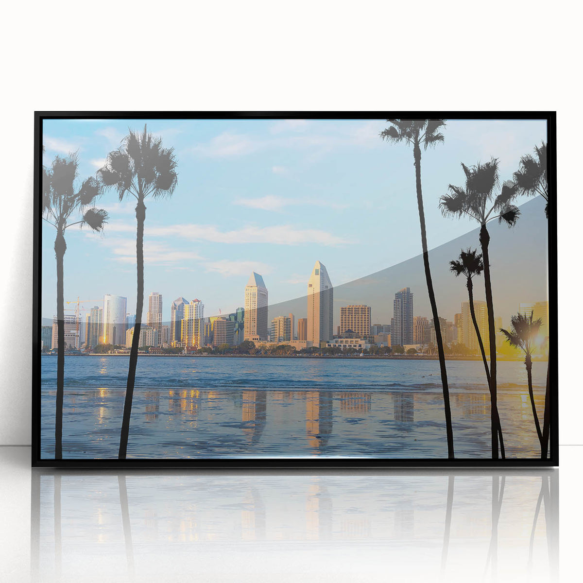 Large abstract wall art depicting the Coronado, California shoreline in muted blue and gray tones on a framed acrylic panel.