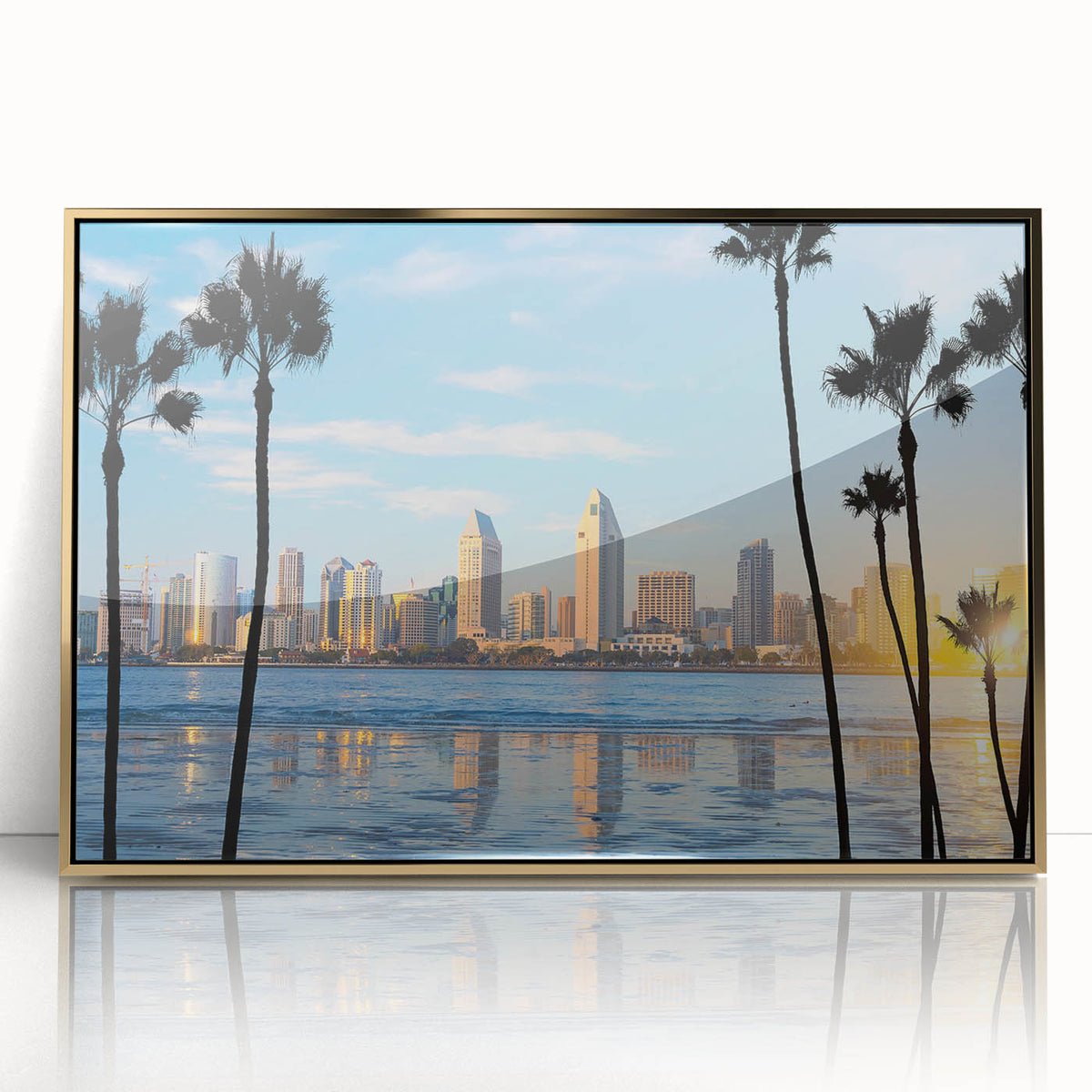 Mid-century modernist acrylic print of Coronado, California scenery in gold frame, suitable for modern art wall decor.