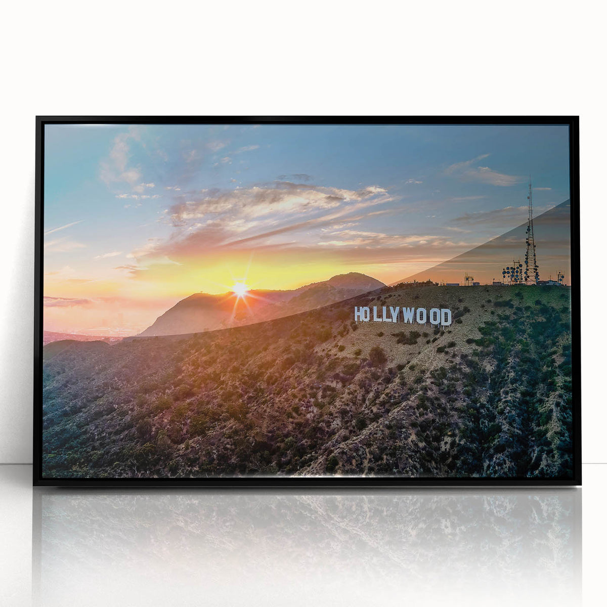 Large abstract wall art featuring a colorful Hollywood, California scenery on a black framed acrylic.