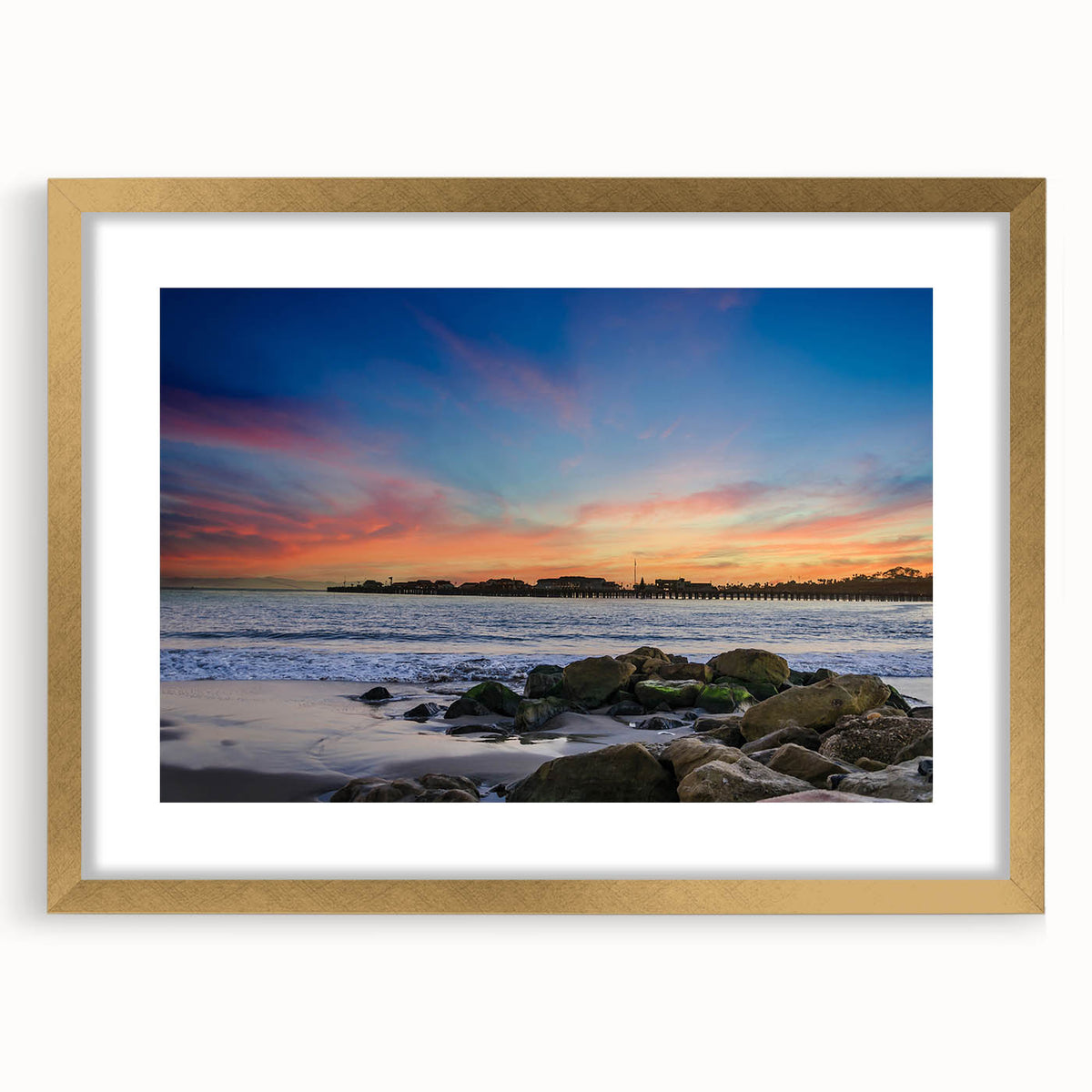 Extra large abstract art print of Santa Barbara scenery in muted earth tones on a textured canvas, framed in gold.