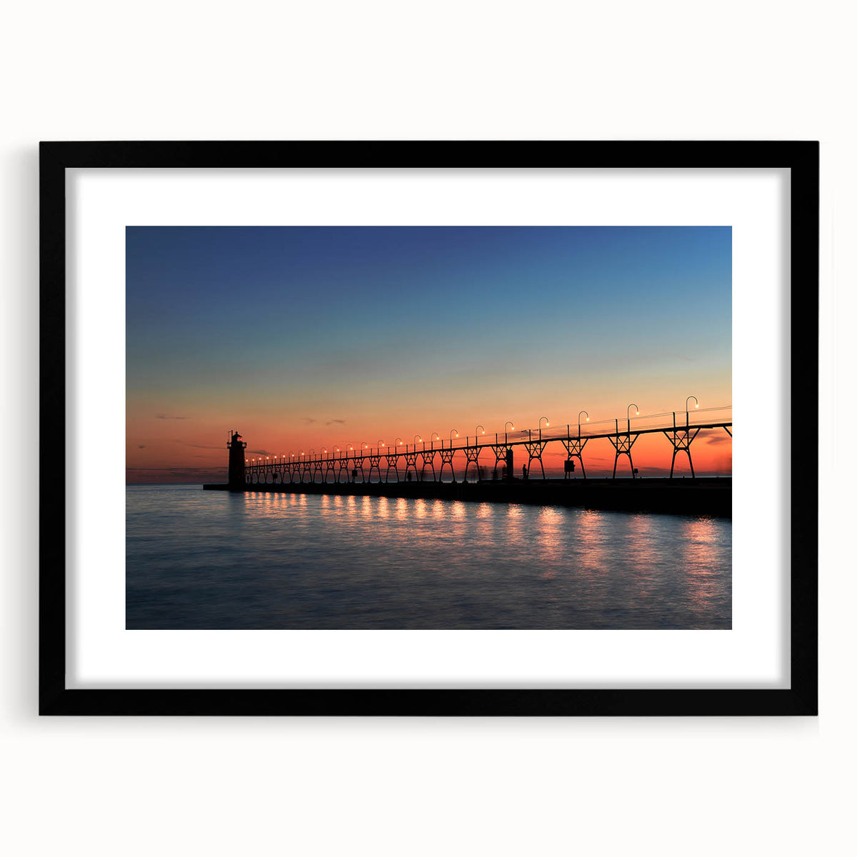 Extra large abstract art print of Lake Michigan with vibrant, colorful textures on a black framed canvas.