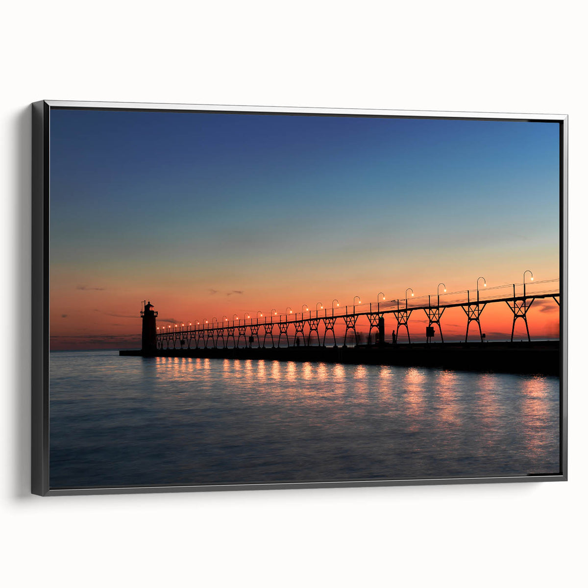Black and white framed canvas of Lake Michigan, featuring vintage landscape art, ideal for bedroom wall decor.