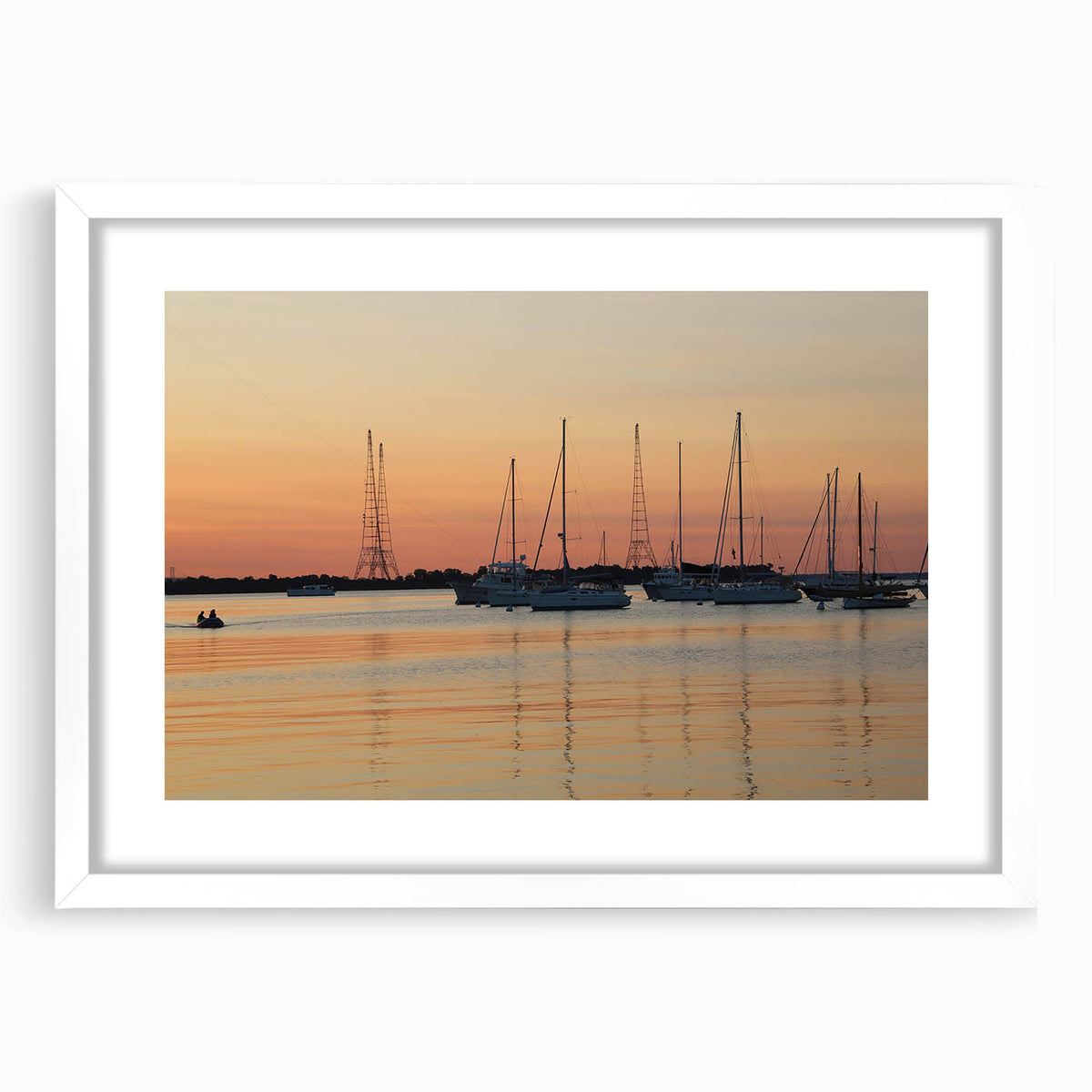 Abstract art print of Annapolis skyline in muted blue and white tones on a framed poster, suitable for dining room decor.