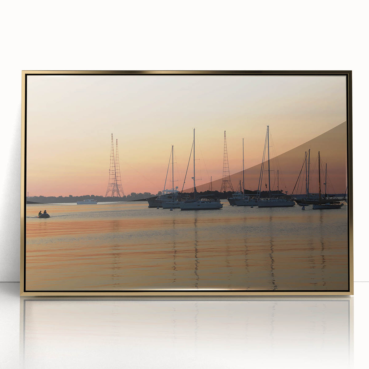 Framed acrylic print of Annapolis, Maryland scenery in mid-century modernist style with gold tones.