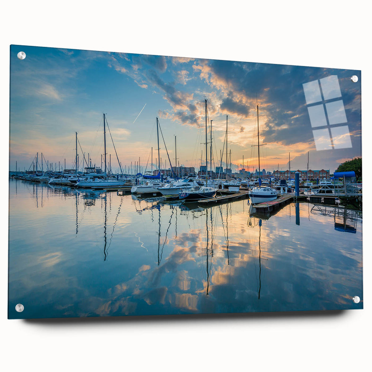 Acrylic print of the Baltimore skyline in muted blue and gray tones, suitable for dining room decor.