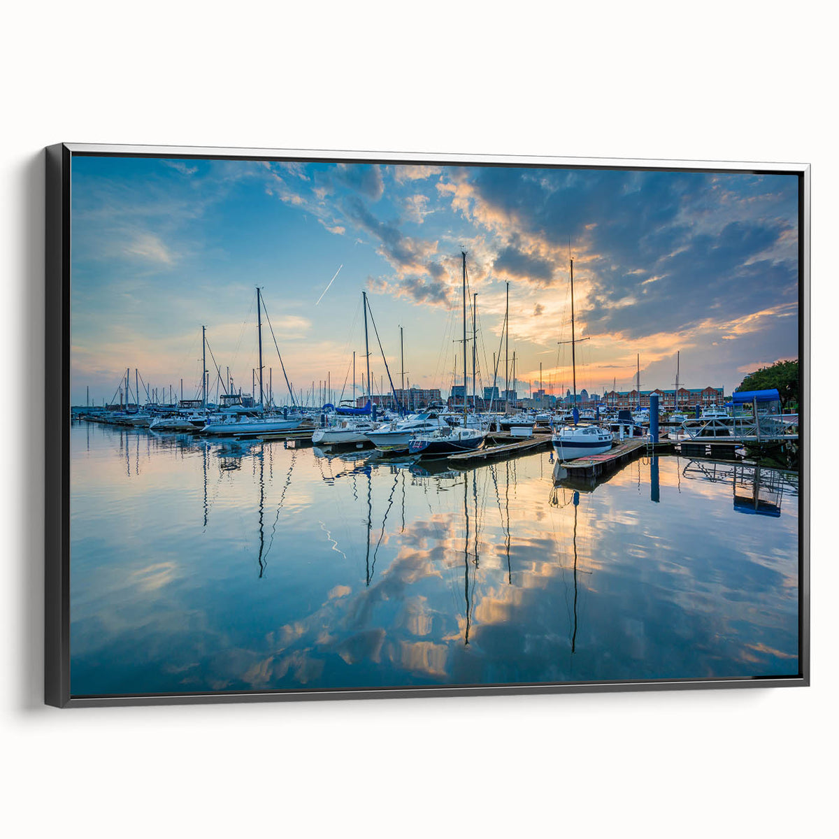 Black and white wall art of Baltimore landscape on framed canvas, suitable for bedroom decor.