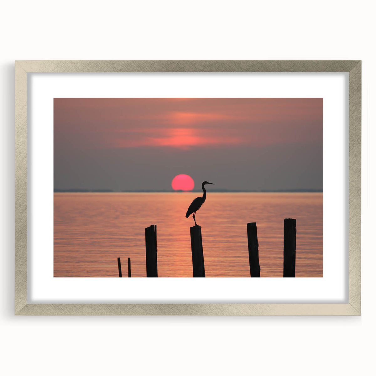 Textured art print of Chesapeake Bay in abstract style with muted blue and gray tones, framed in silver.