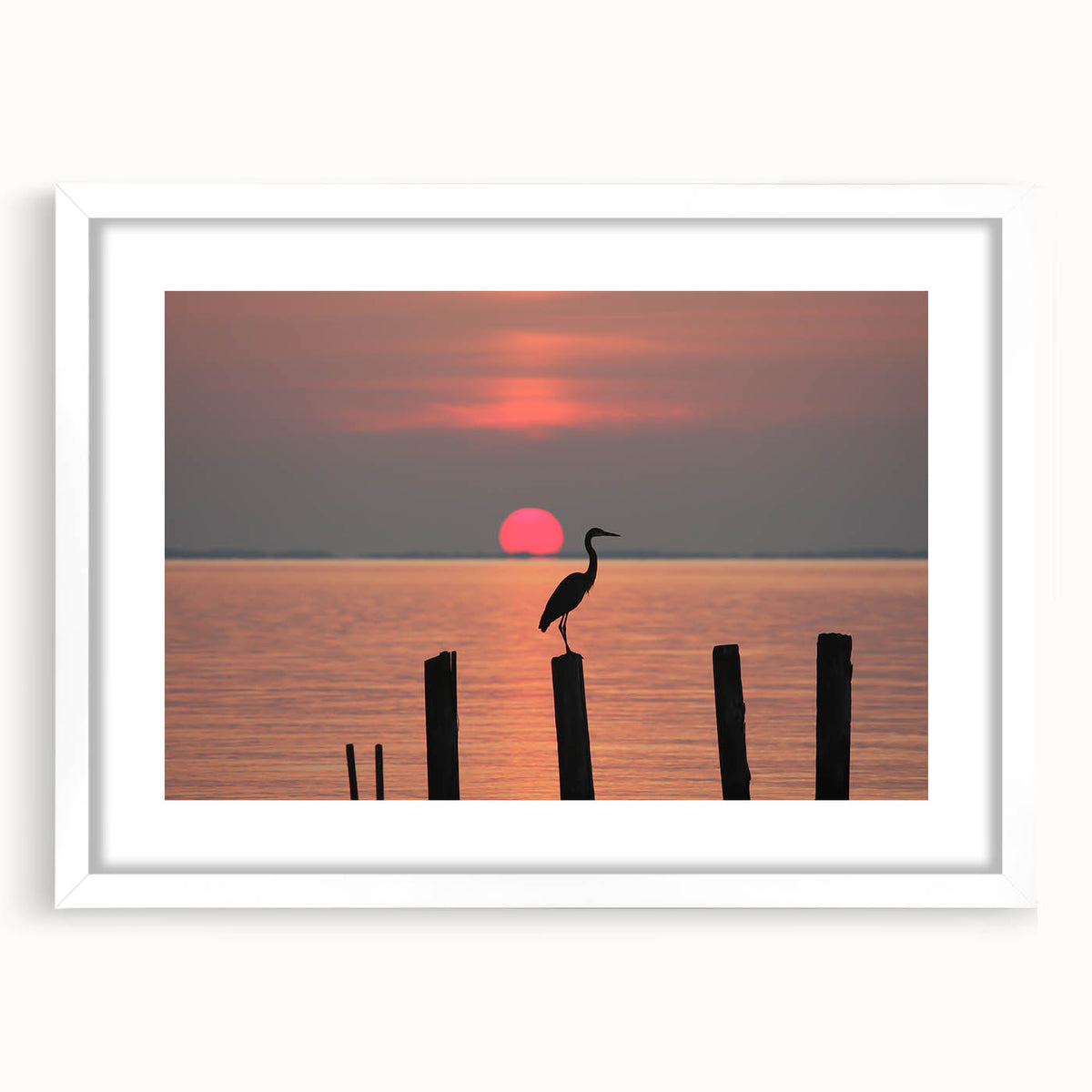 Abstract art print of Chesapeake Bay in muted blue and green tones on a framed white mat, ideal for dining room decor.