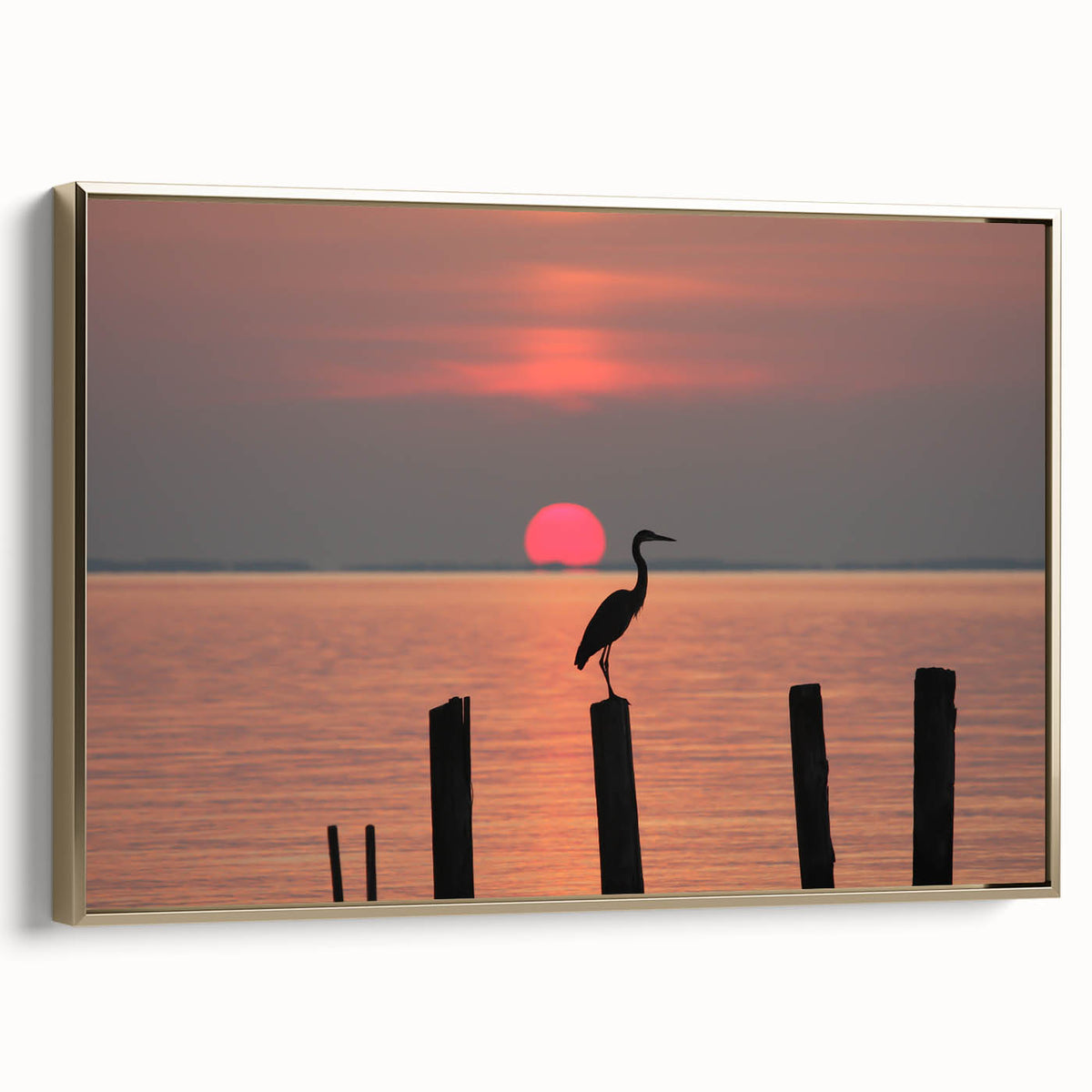 Framed canvas featuring a vintage-style landscape painting of Chesapeake Bay in muted gold and black tones.