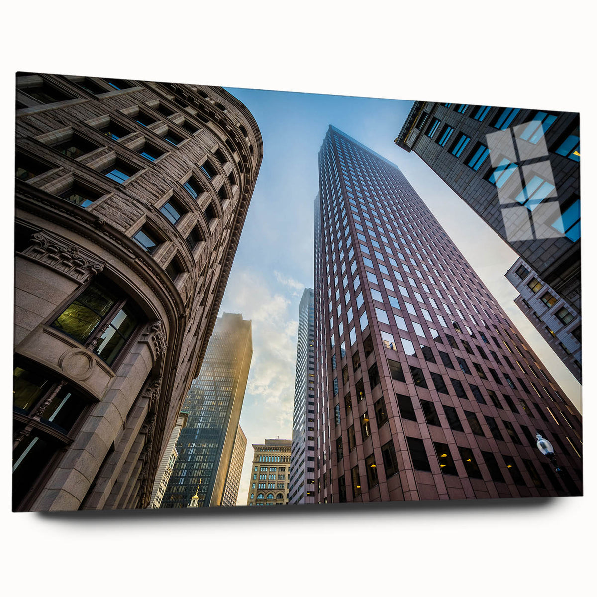 Acrylic print of a large abstract depiction of Boston skyline in muted blue and gray tones.