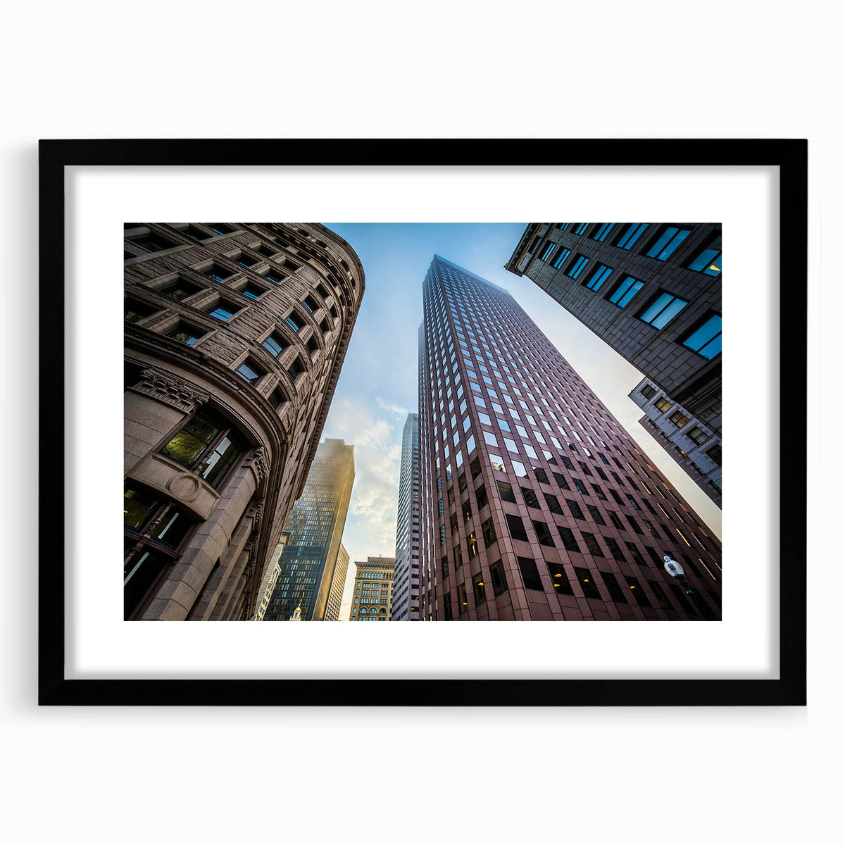 Abstract art print of Boston skyline in vibrant colorful hues on a large textured canvas, ideal for living room decor.