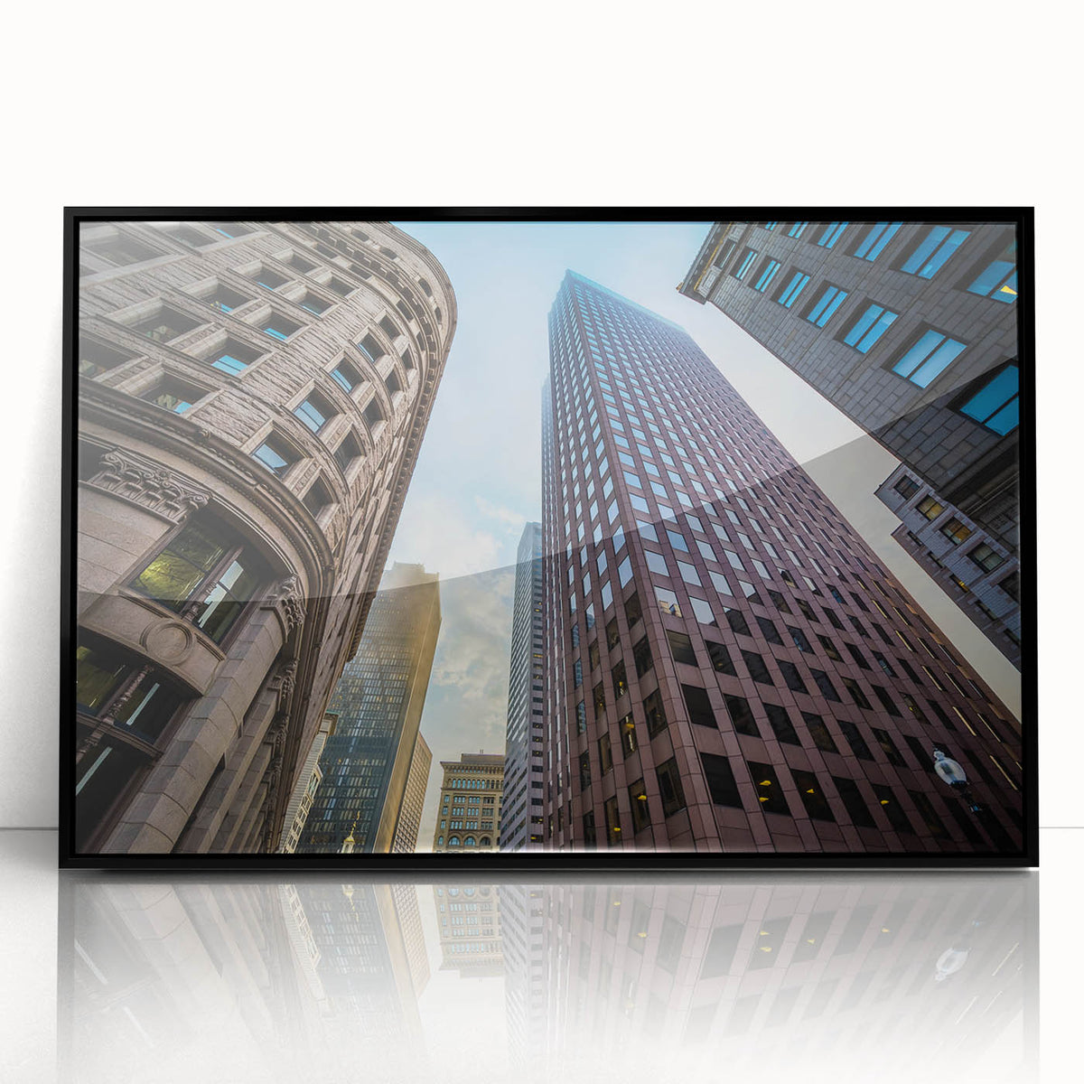Large abstract wall art depicting the Boston skyline in muted gray tones on a framed acrylic, suitable for modern decor.