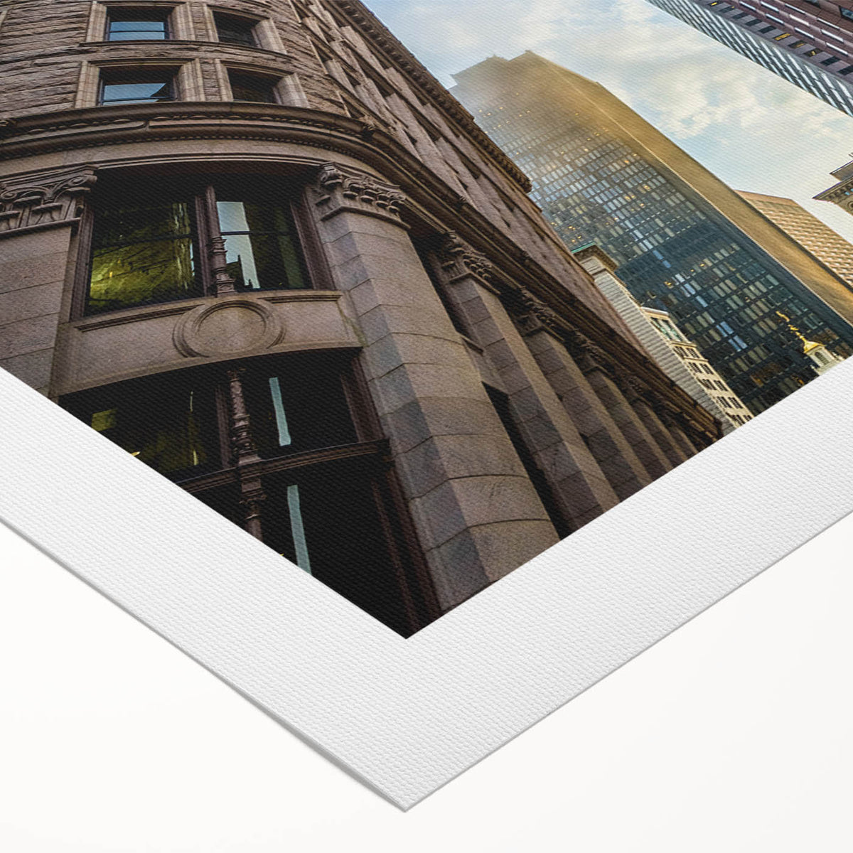 Art deco poster of Boston skyline in muted blue and beige tones on rolled canvas, suitable for dining room wall art.