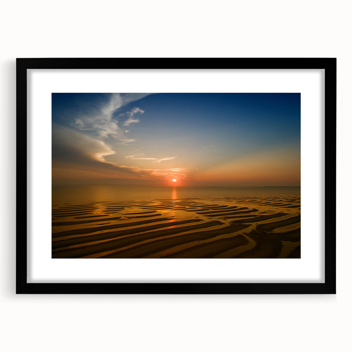 Abstract art print of a colorful, textured Massachusetts cape scenery on a large black-framed canvas with mat.