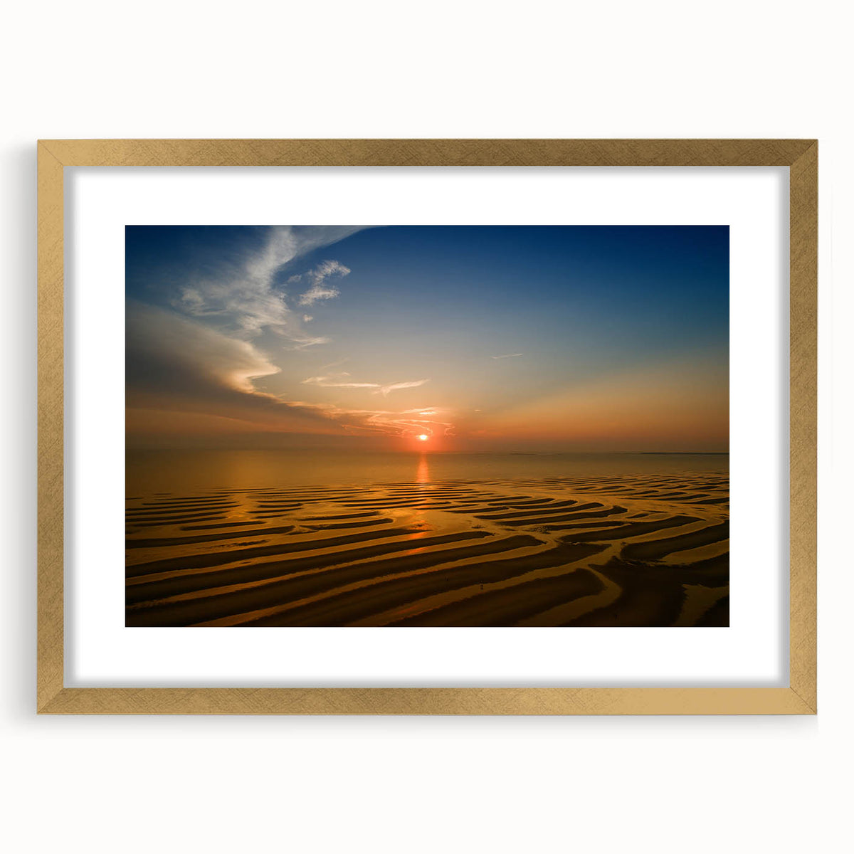 Extra large abstract art print of Massachusetts Cape scenery in gold frame, with textured surface.