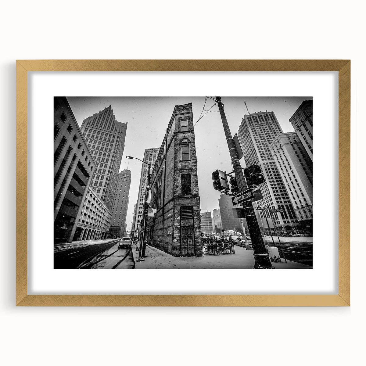 Extra large abstract art print of Detroit skyline in textured gold frame, ideal for living room decor.