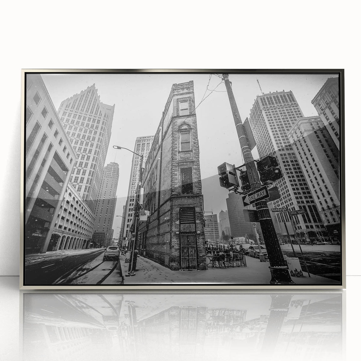 Mid-century modernist art of Detroit skyline in muted gray and blue tones on a framed acrylic print.
