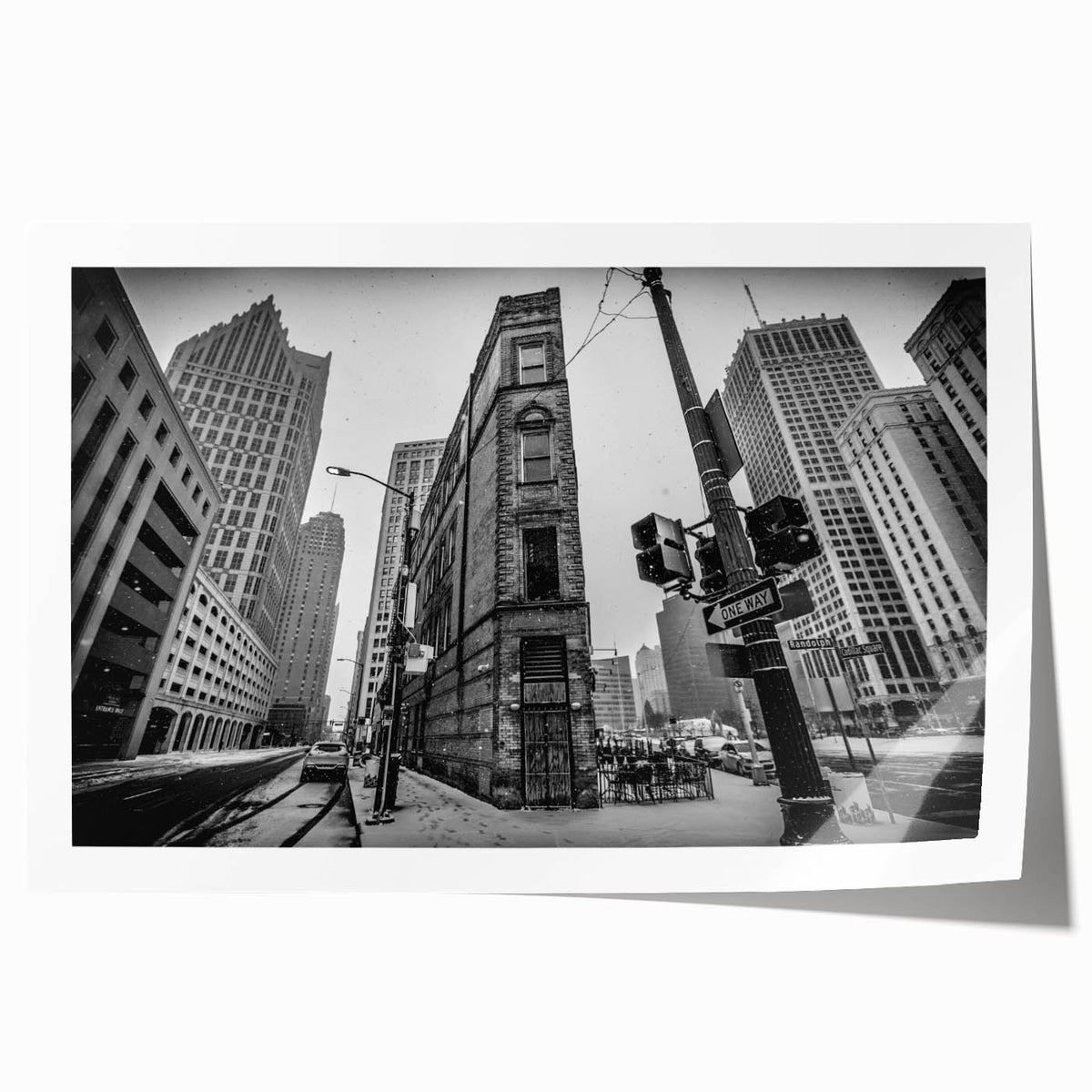 Rolled print of Detroit skyline in muted gray tones, ideal for art wall dining room.