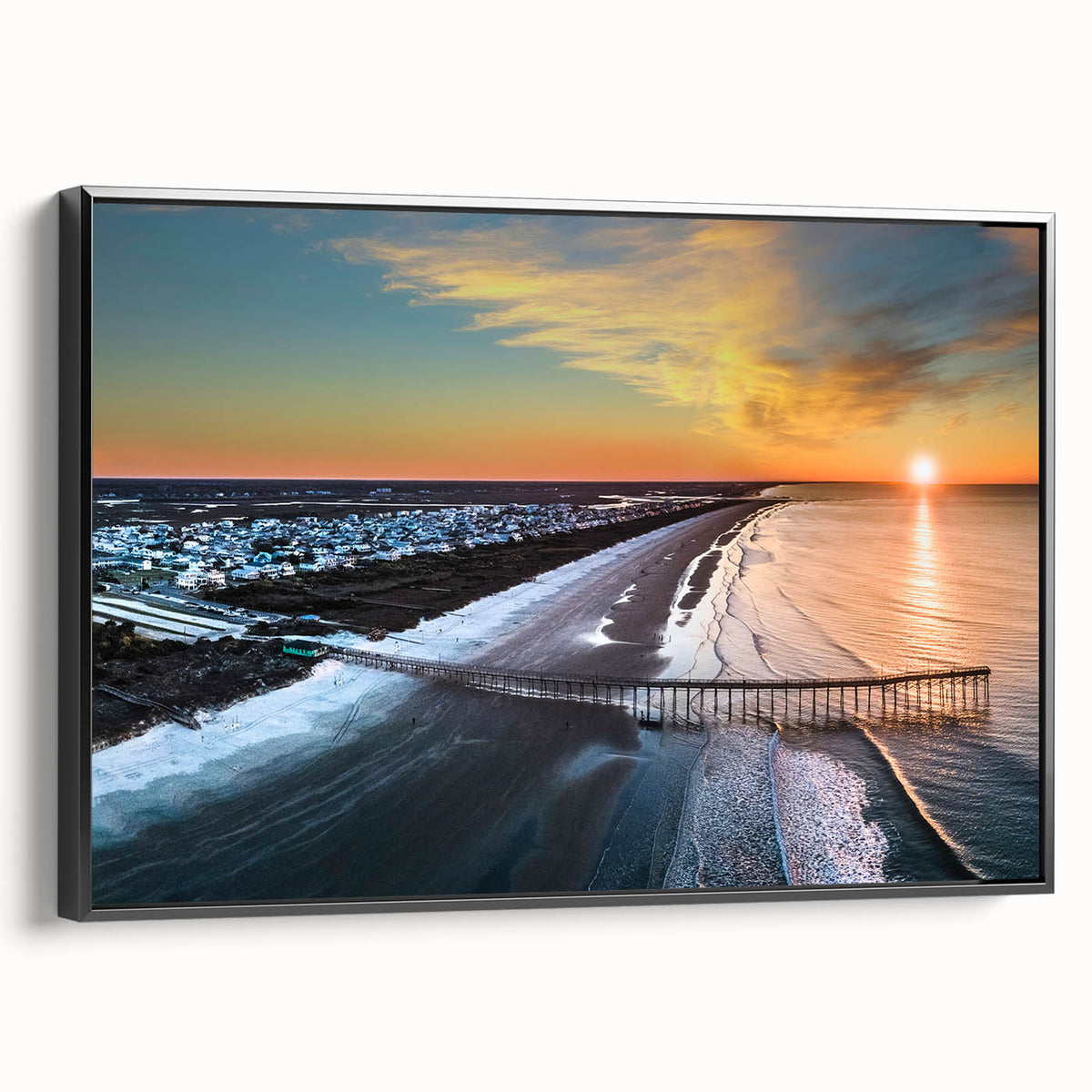 Black and white landscape art painting of Outer Banks, North Carolina on framed canvas, suitable for bedroom decor.