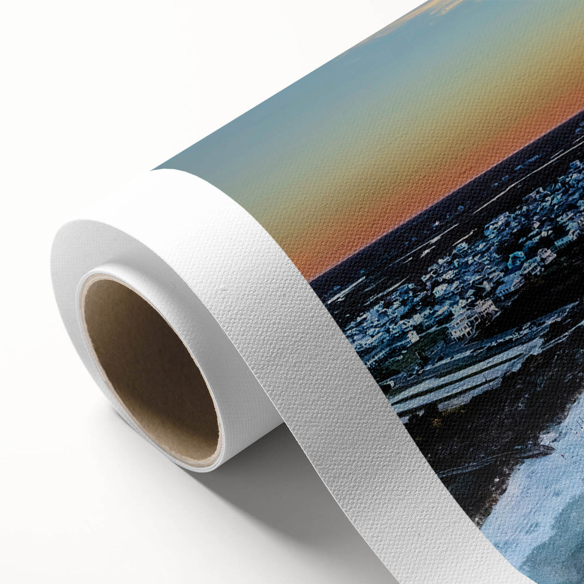 Art deco poster of Outer Banks, North Carolina on rolled canvas, featuring muted pastel shades, ideal for nursery wall art.