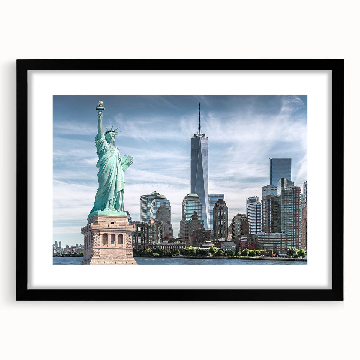 Abstract depiction of the Statue of Liberty in vibrant, colorful art on a framed black mat, ideal for living room decor.