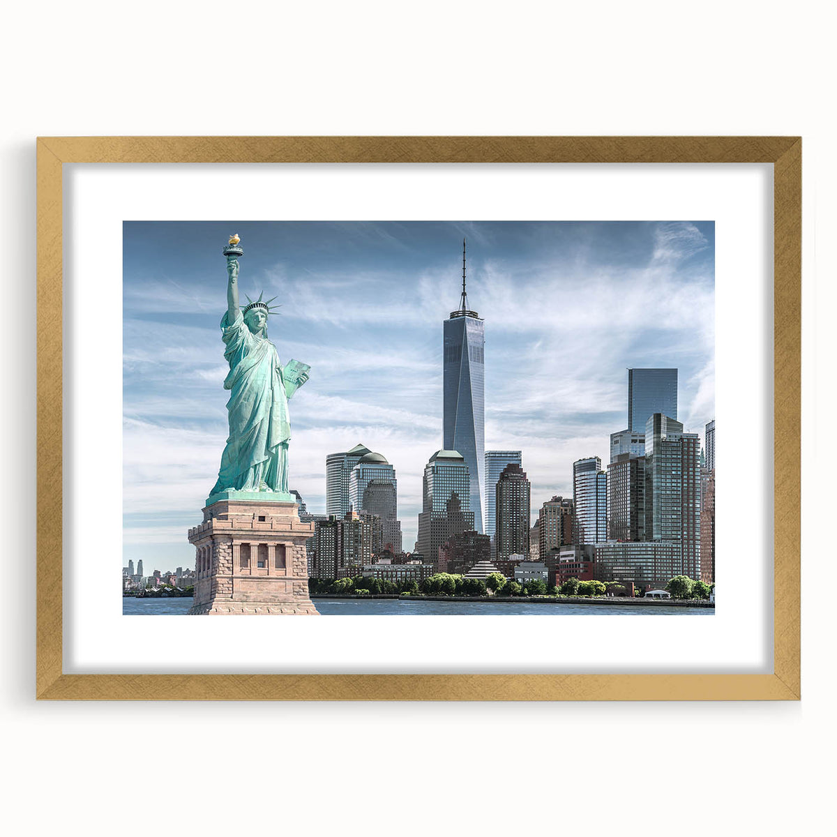 Extra large wall art featuring an abstract depiction of the Statue of Liberty in muted gold and green tones on a framed…