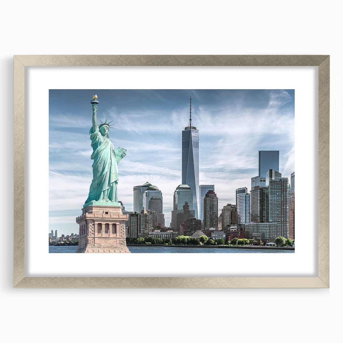 Textured art print of the Statue of Liberty in abstract style with muted green and blue tones, framed in silver.