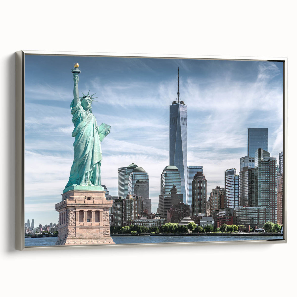 Framed canvas of the Statue of Liberty in black and colorful vintage poster art style, ideal for modern living room decor.