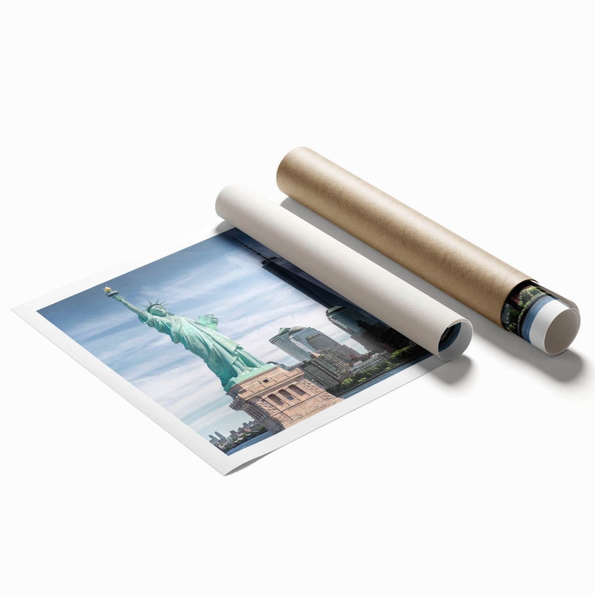 Extra-large rolled print of the Statue of Liberty in muted green and gray tones, suitable for classy bathroom wall art.