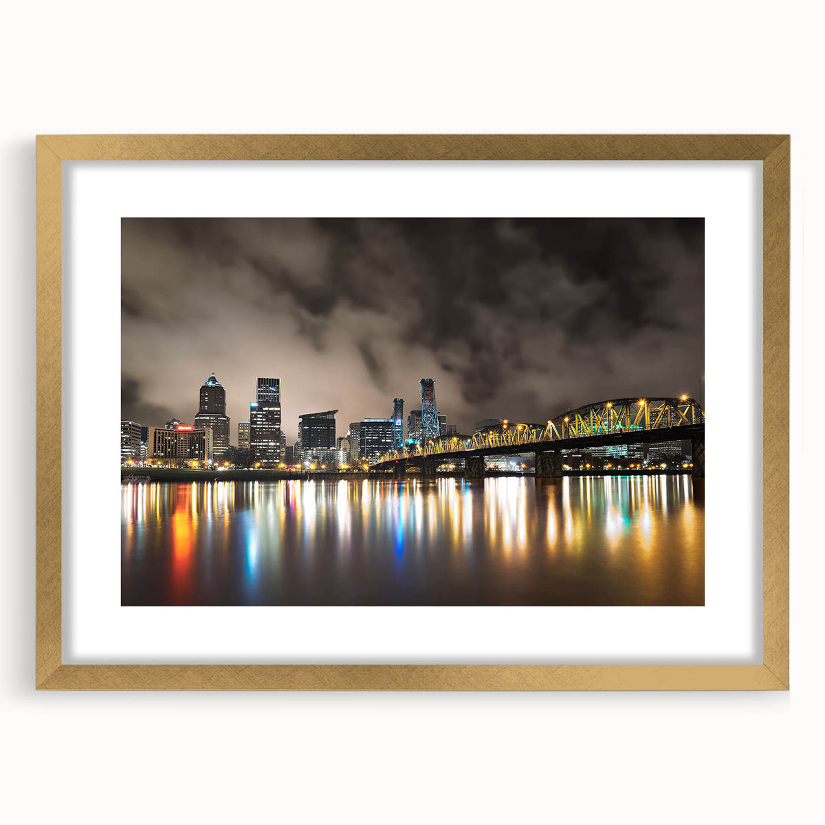 Extra large abstract art print of Portland, Oregon in textured gold frame, featuring muted earth tones.