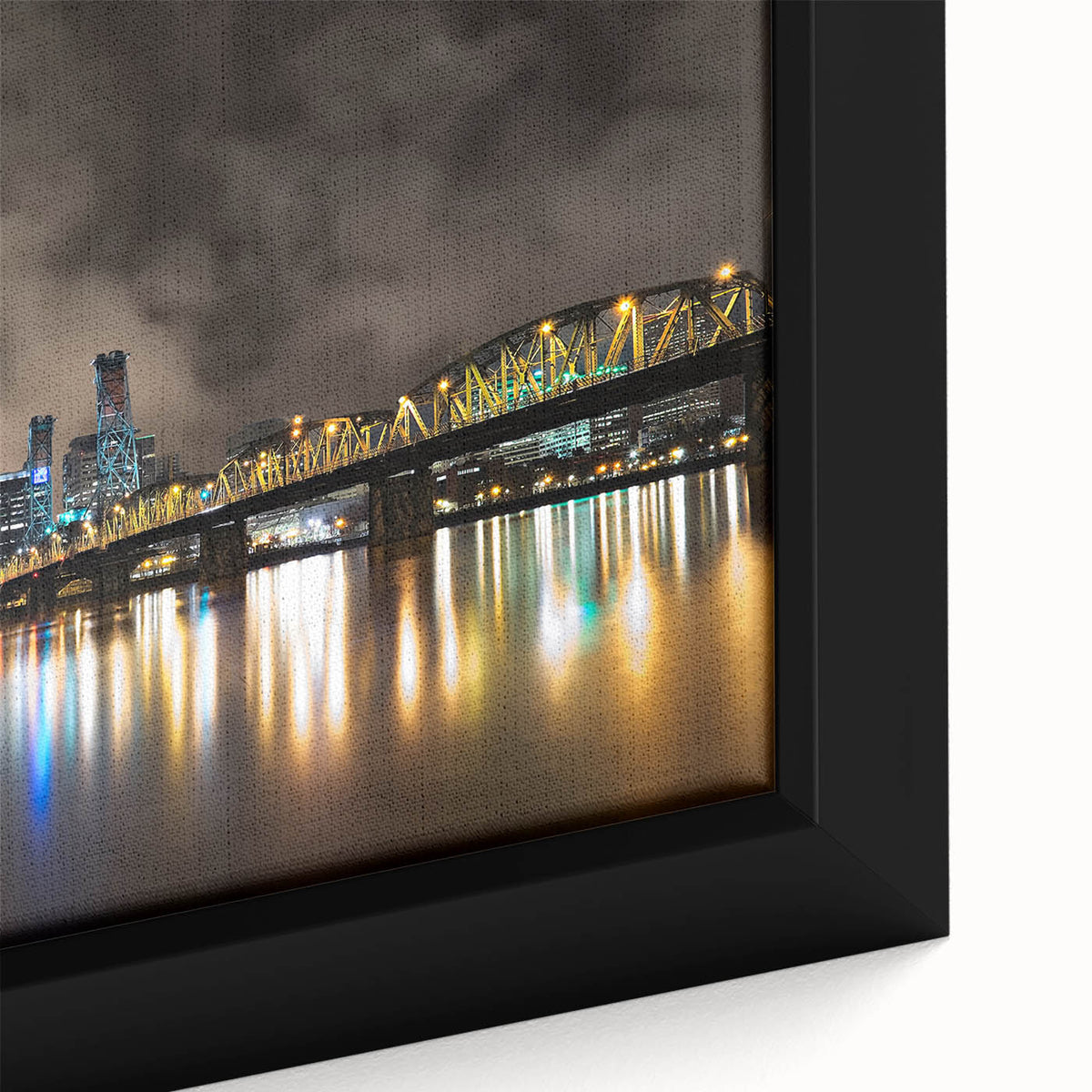 Extra large framed canvas featuring a textured depiction of Portland, Oregon, in black with colorful accents.
