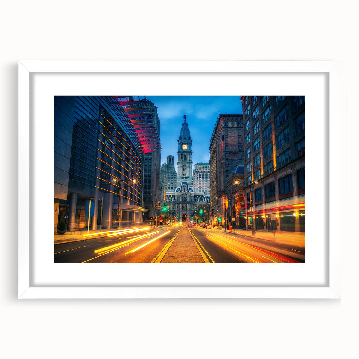 Abstract art print of Philadelphia skyline in muted blue and gray tones on a framed white matte canvas.