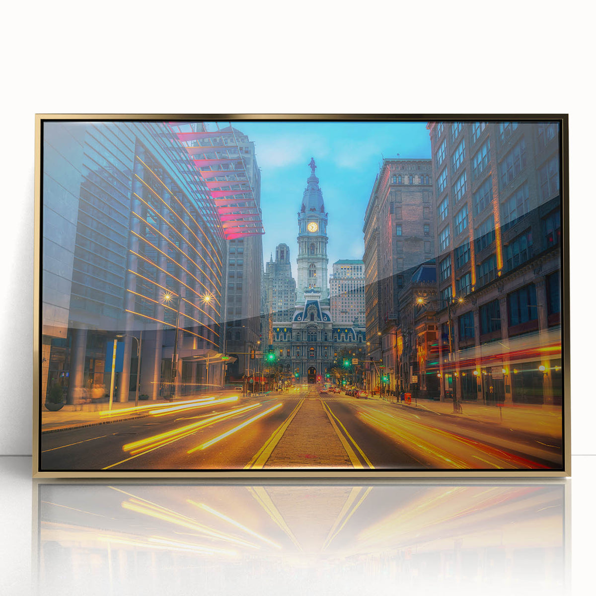 Framed acrylic print of Philadelphia skyline in gold and blue tones, ideal for modern art wall decor.
