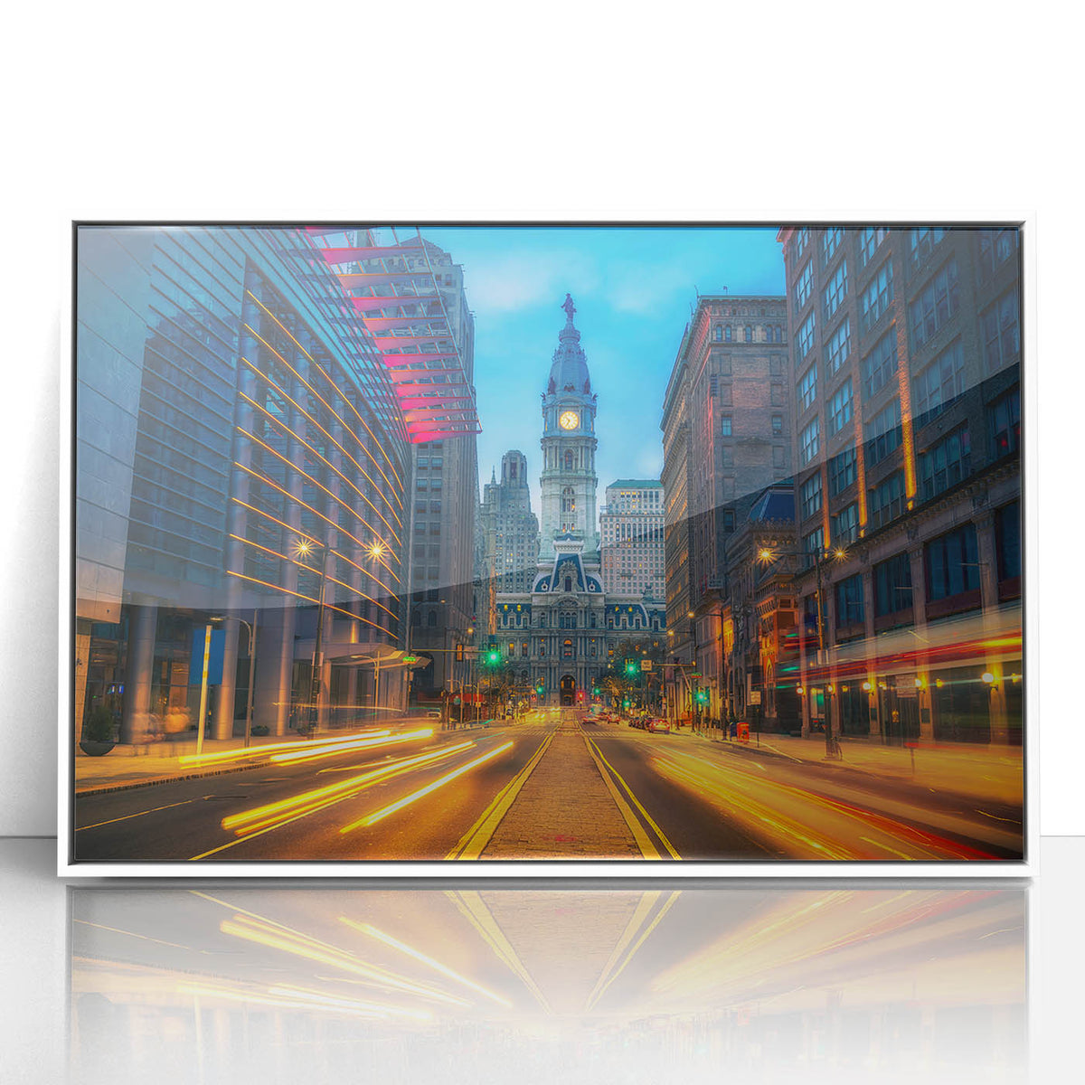 Art deco poster of Philadelphia skyline in muted gray and blue tones, framed acrylic, perfect for modern nursery wall art.