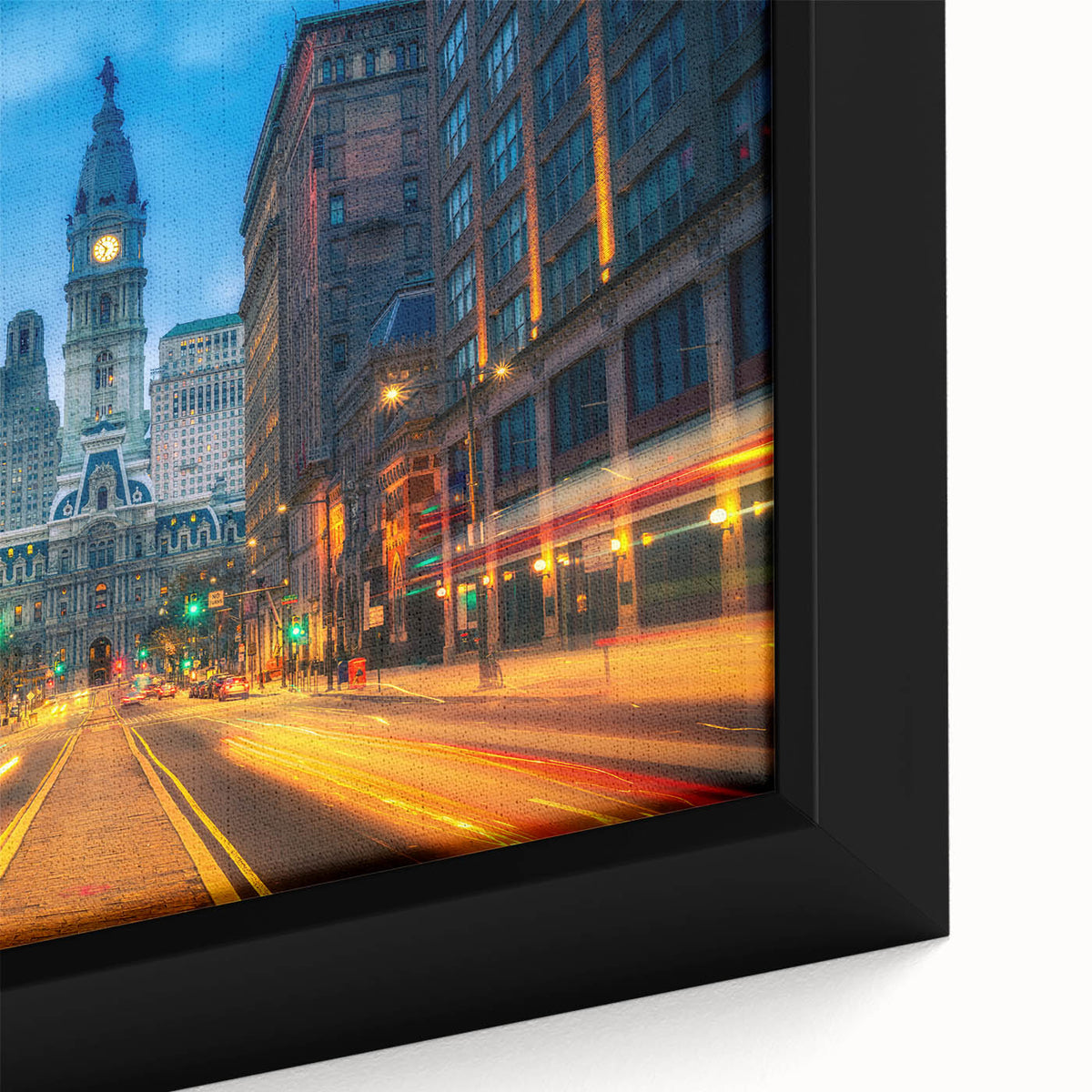 Extra large framed canvas of Philadelphia skyline in black with colorful, textured highlights, ideal for living room decor.