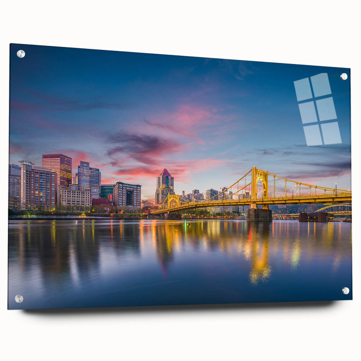 Acrylic print of Pittsburgh skyline with vibrant sunset hues, ideal for bedroom or dining room decor.