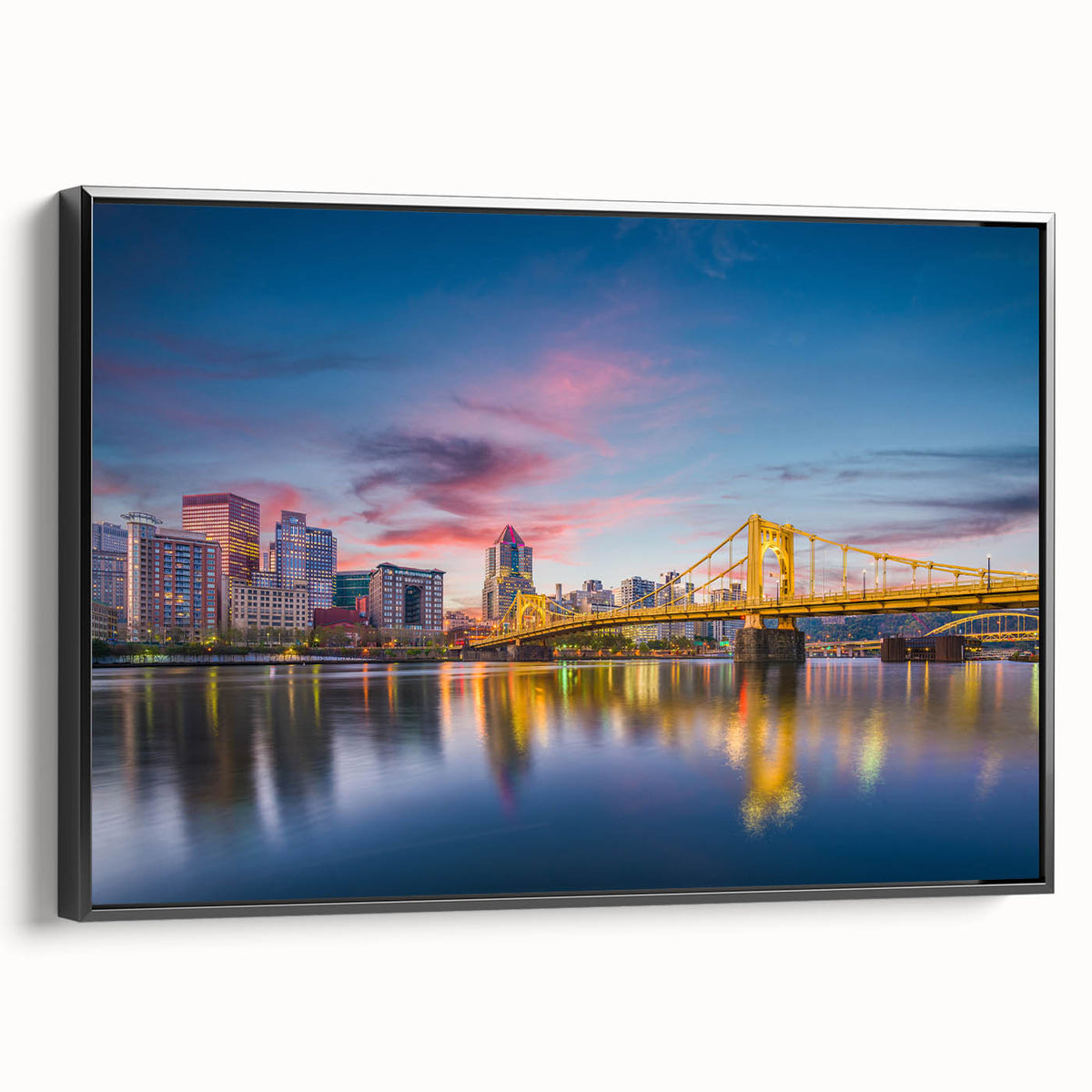 Framed canvas of a black and white vintage-style Pittsburgh landscape, ideal for bedroom wall art.