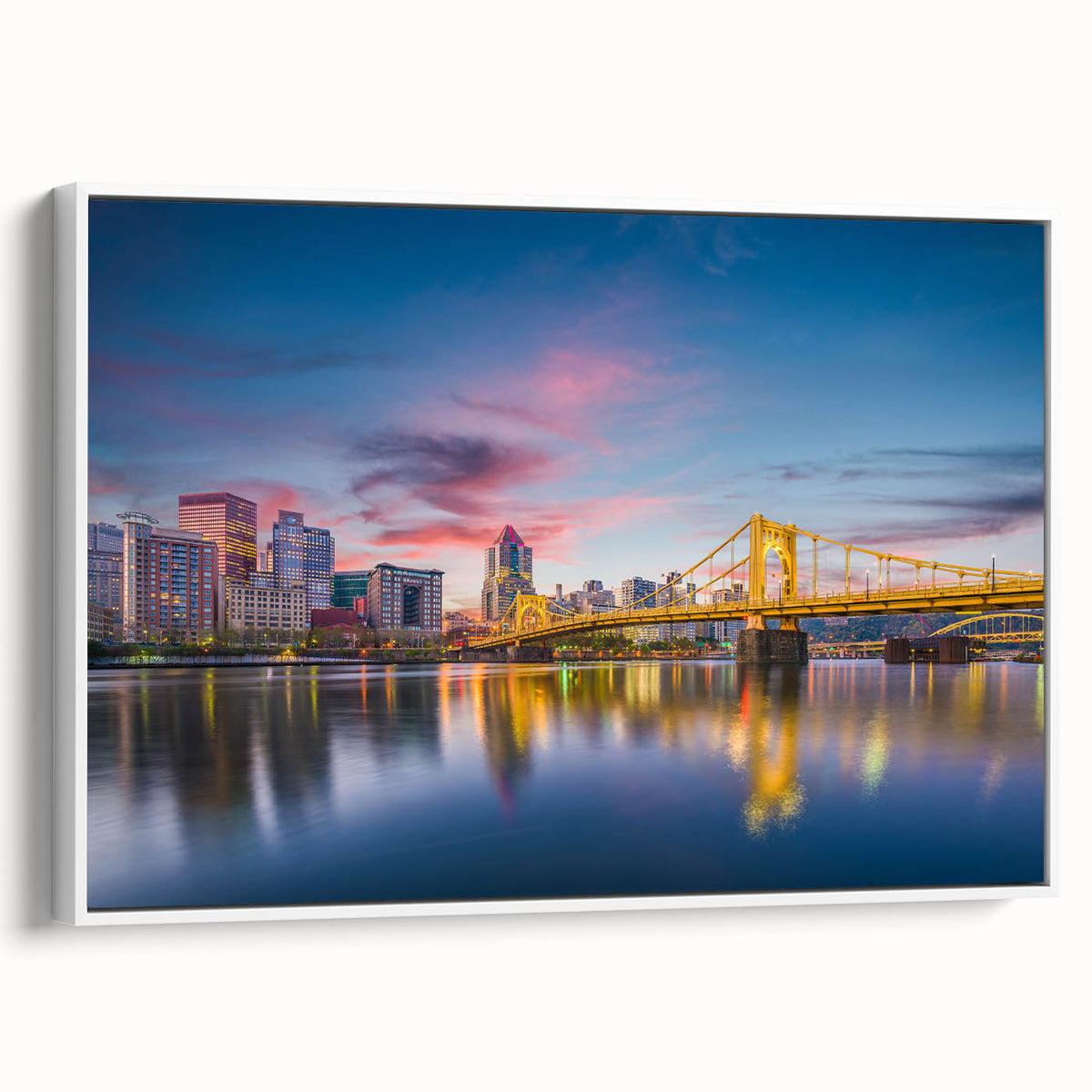 Vintage poster art of Pittsburgh skyline in vibrant colors on a framed canvas, ideal for living room decor.