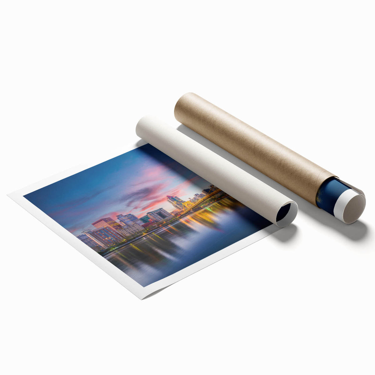 Extra large rolled print of Pittsburgh skyline with muted blue tones, ideal for classy bathroom wall art.