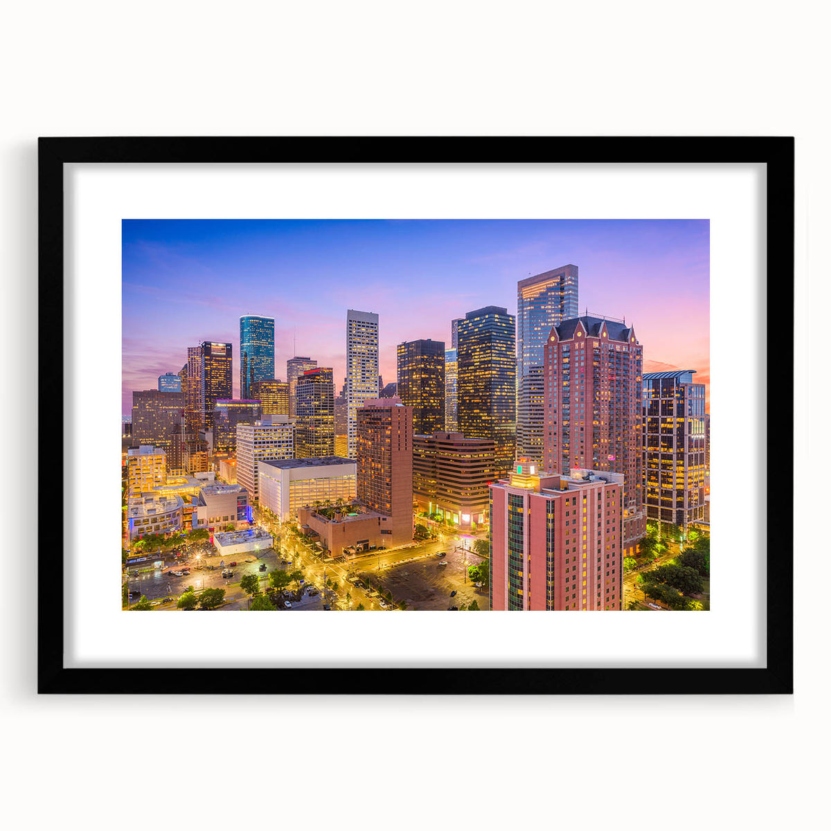 Abstract art print of Houston skyline with vibrant color palette on textured canvas, ideal for living room decor.