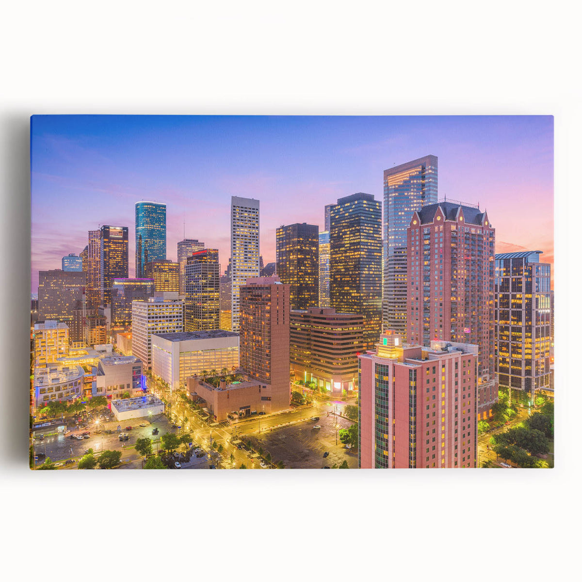 Black and white large art print of Houston skyline on stretched canvas, ideal for kitchen wall art.