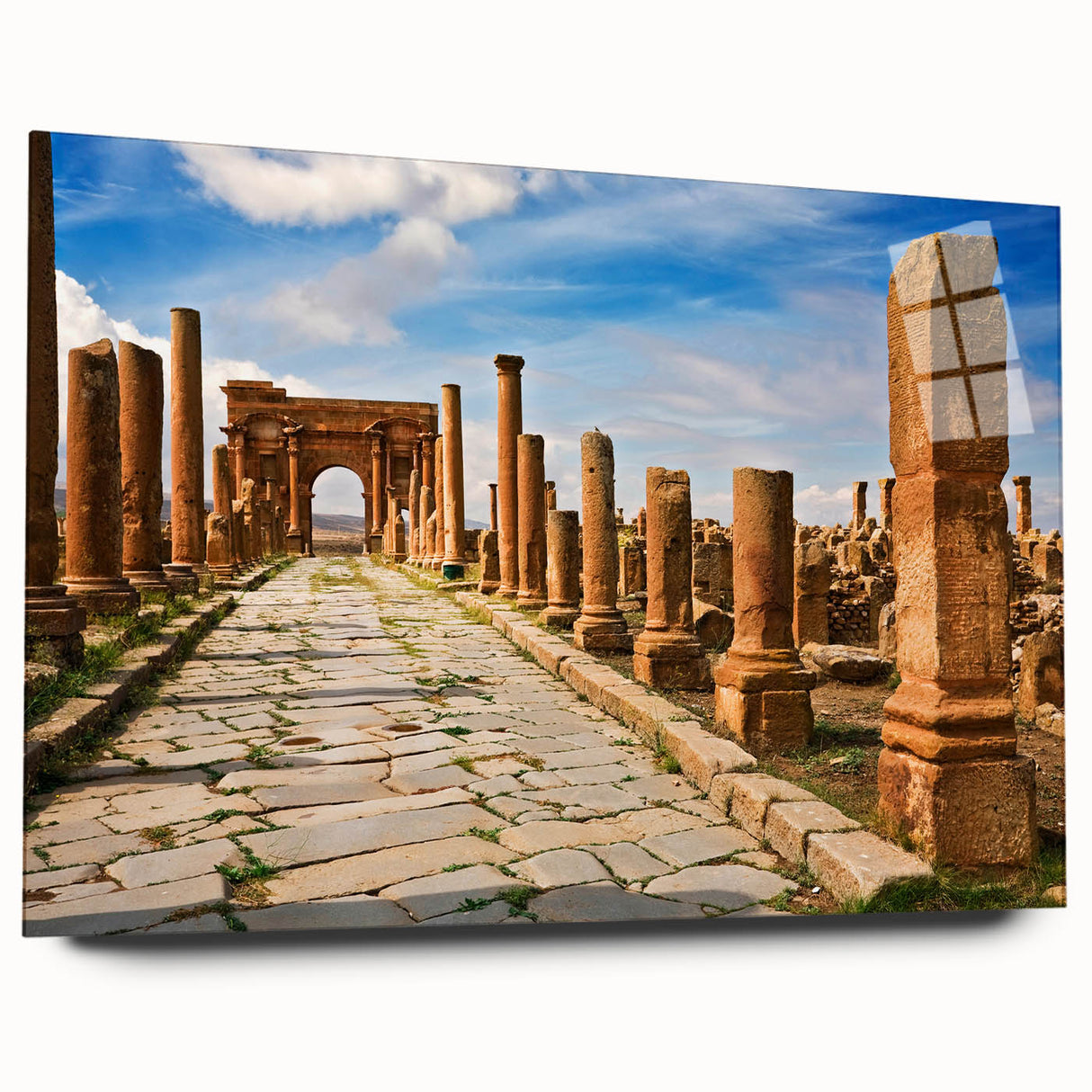 Large abstract wall art of Algerian scenery in muted earth tones on acrylic glass, suitable for bedroom or dining room decor.