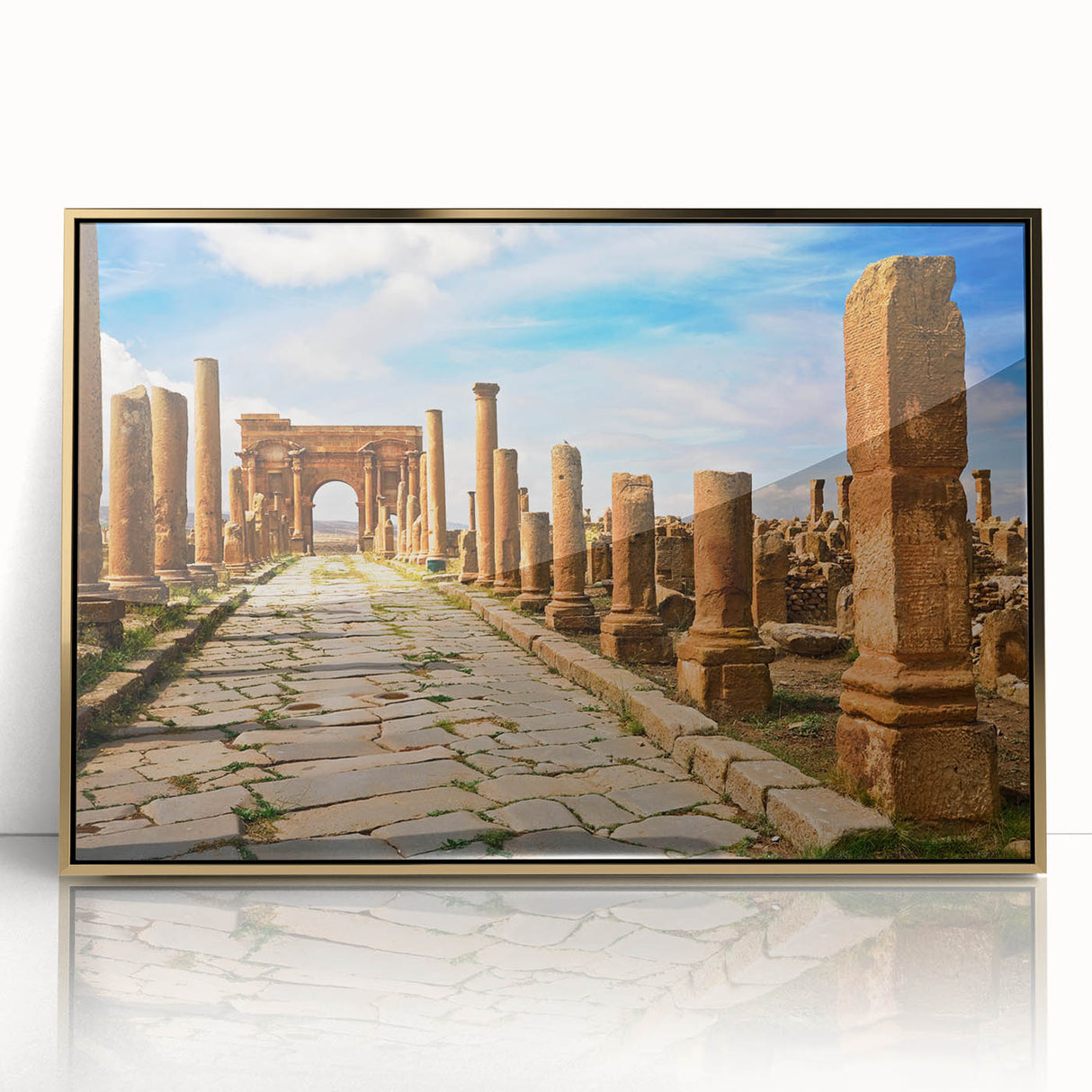 Mid-century modernist art depicting an Algerian landscape in gold and earth tones, acrylic framed.