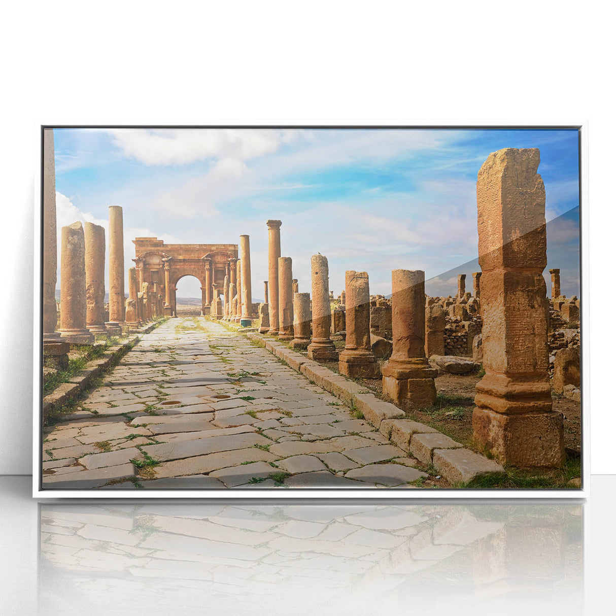 Large art print of an Algerian landscape on white framed acrylic, featuring mid-century modernist style and earthy tones.