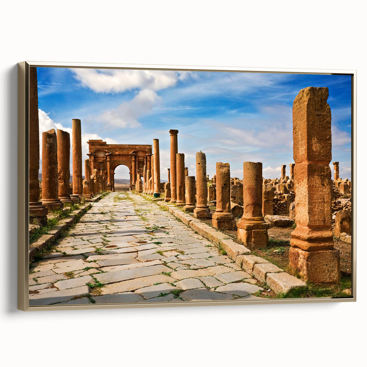 Framed canvas landscape art painting of the Algerian desert, featuring vibrant orange and gold tones.