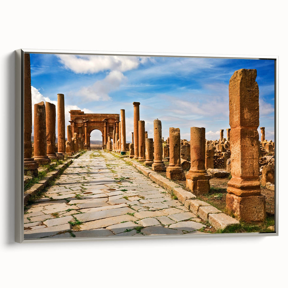 Vintage poster art of an Algerian landscape on framed canvas, featuring a colorful palette, ideal for living room decor.