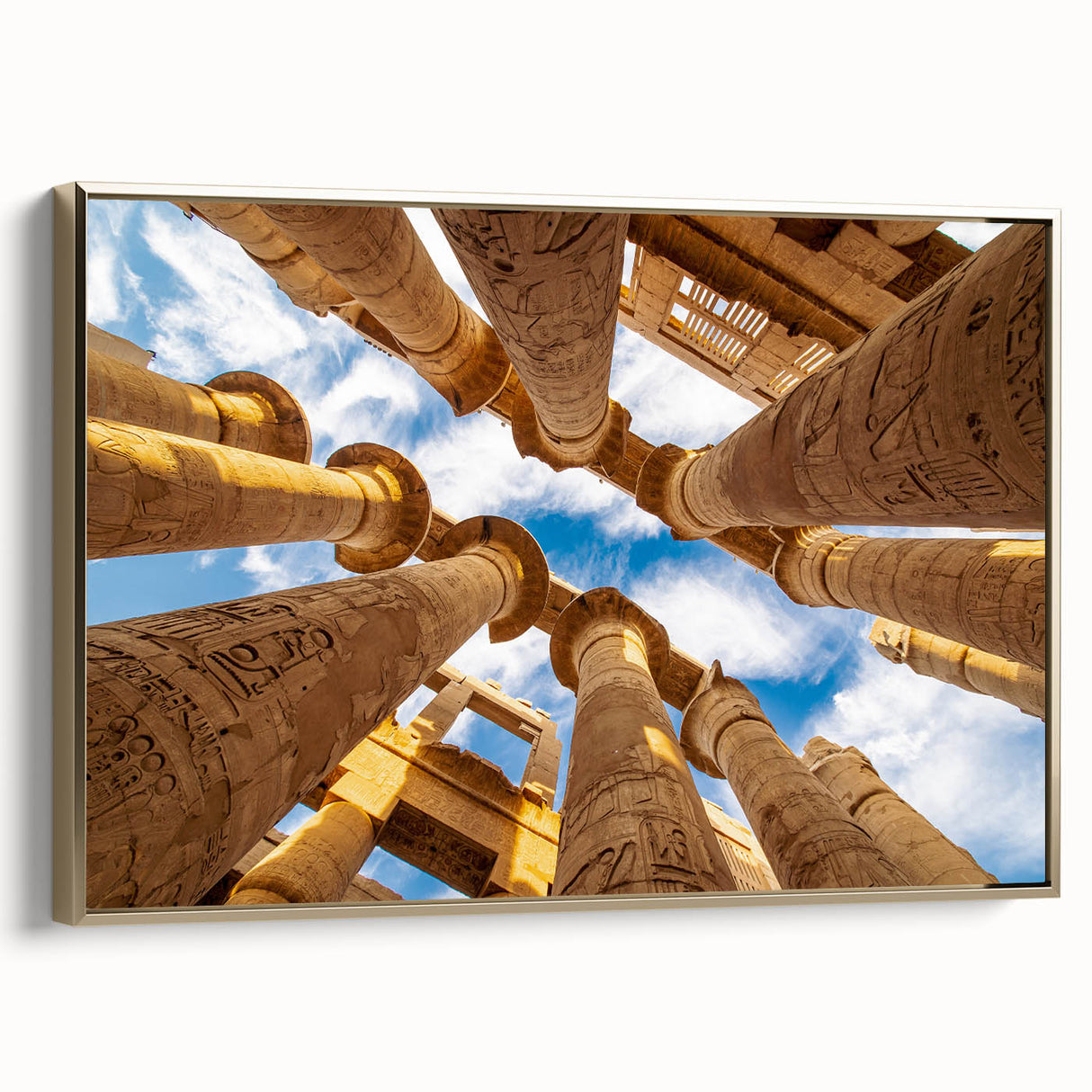 Framed canvas landscape art painting of Egyptian scenery in gold and black tones, ideal for living room decor.