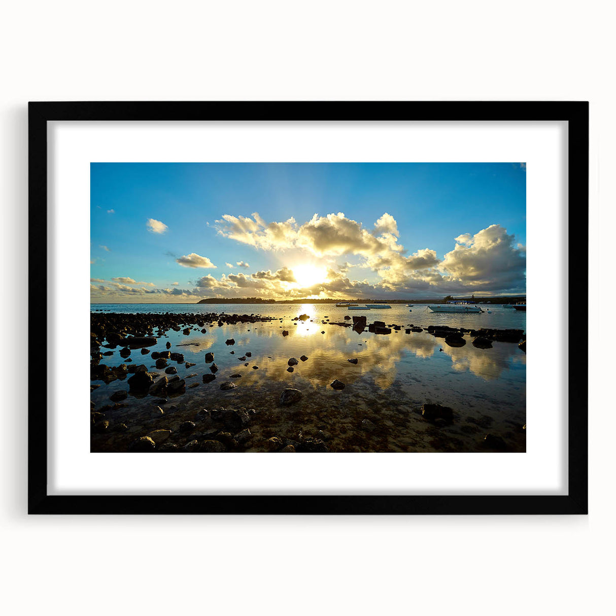 Extra large, colorful abstract art print of a textured African scenery on a black framed canvas.