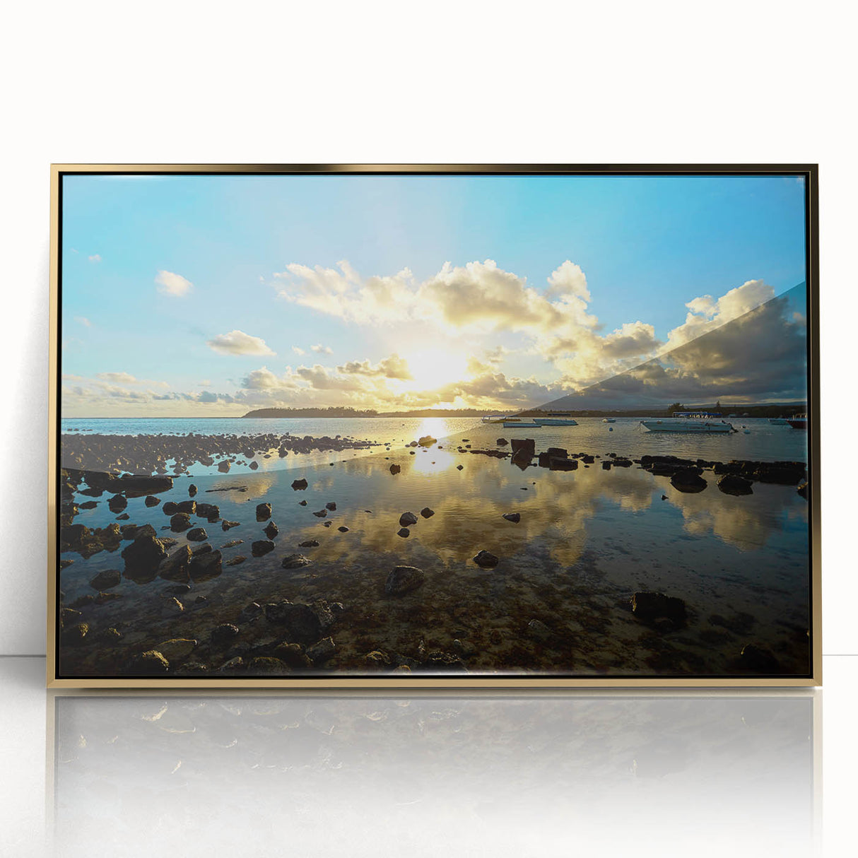 Mid-century modernist art of a Mauritius landscape in acrylic, framed in gold, ideal for nursery wall art.