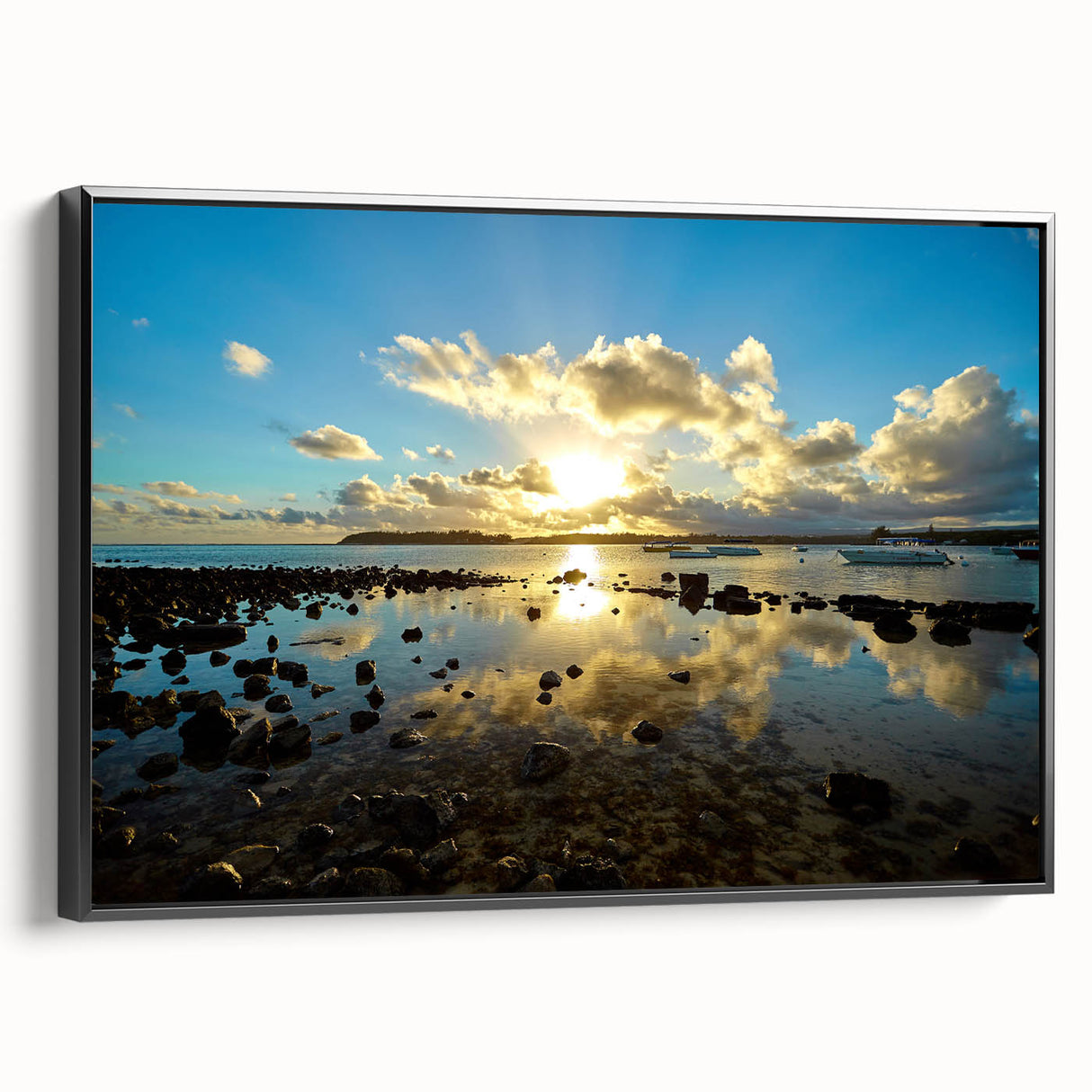 Framed canvas of a black and white vintage landscape art painting depicting Mauritius, ideal for bedroom wall decor.